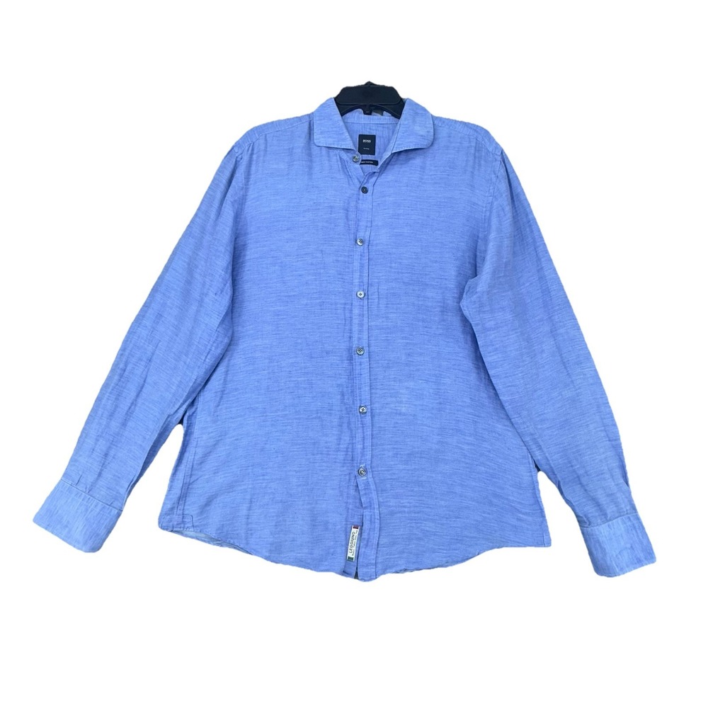 HUGO BOSS Men's Blue Linen Blend Long Sleeve Button-Up Shirt Sz L